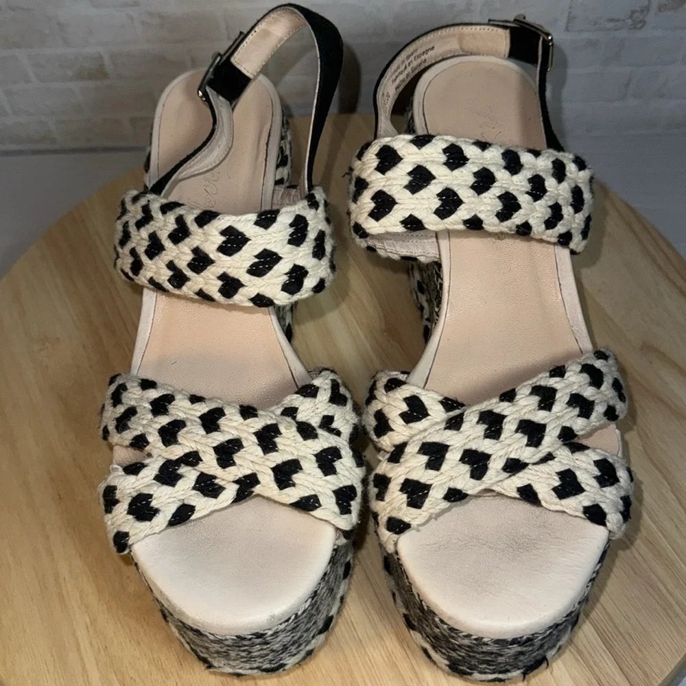Free People Dolce Platform Wedge Woven Black White Boho Espadrille Sandal Shoes